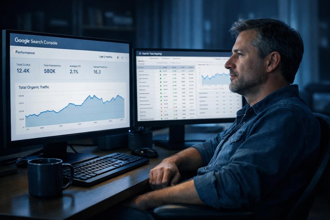 Man analyzing Google Search Console and SEO rank tracking data on dual monitors in a dimly lit office.