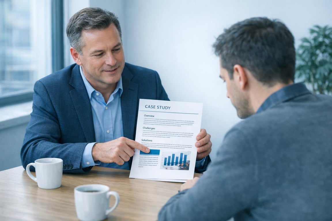 Businessman in blue suit presenting a case study report with charts to colleague during office meeting.