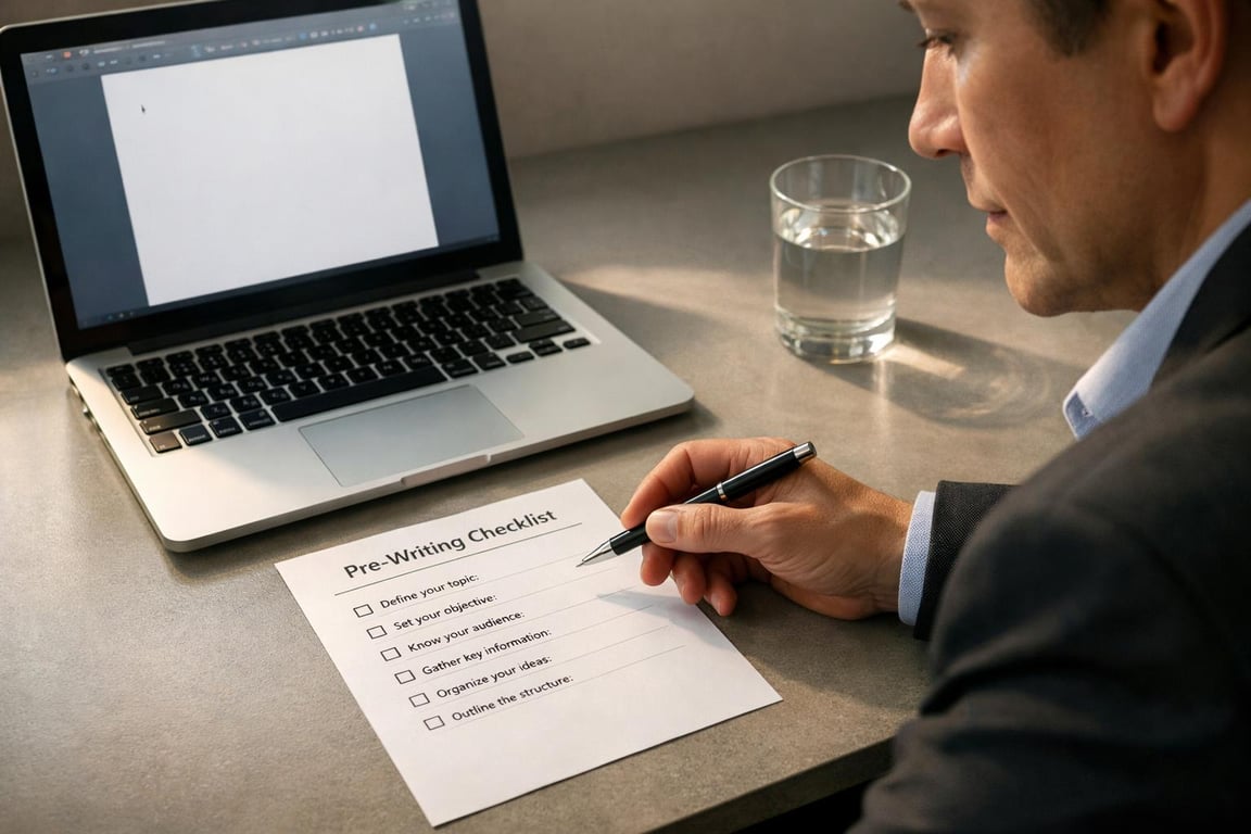 Man holding pen reviewing pre-writing checklist next to laptop with blank document and glass of water on desk.