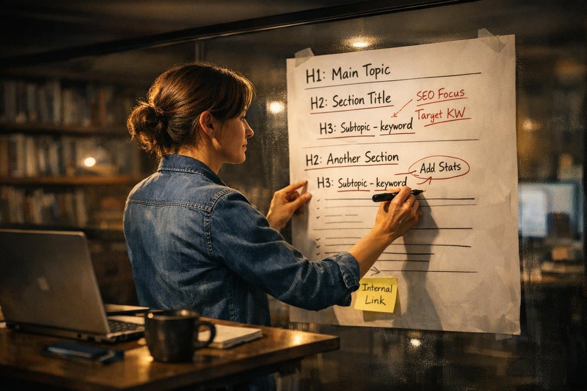 Woman in denim jacket writing SEO content structure on large paper with laptop and coffee on wooden table nearby.