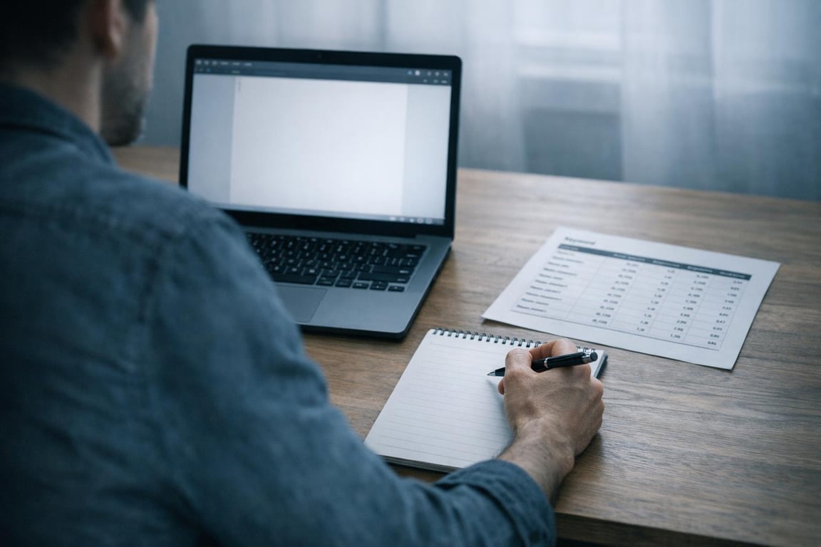 Man working on laptop with blank screen while writing notes in notebook next to business report on wooden desk.