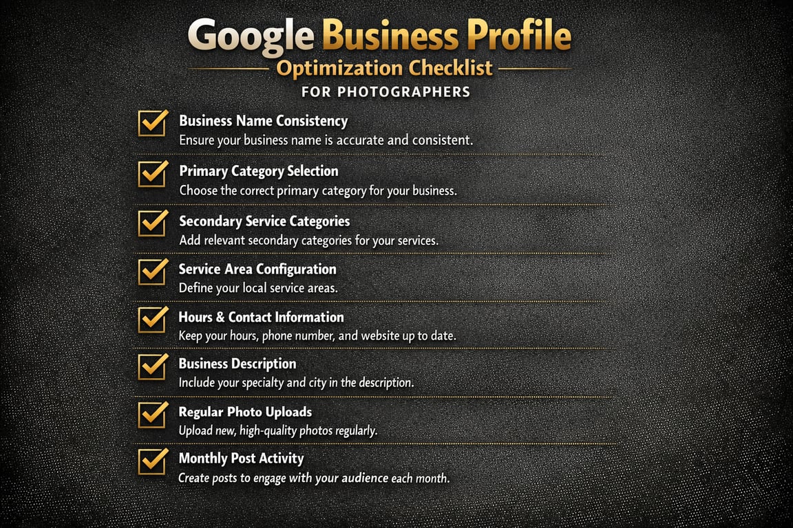 Google Business Profile optimization checklist for photographers including name consistency, category selection, contact info, photos, and posts.