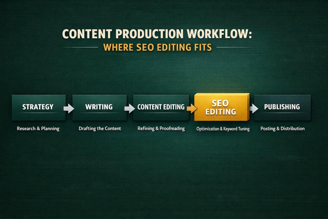 Content production workflow showing stages: strategy, writing, content editing, SEO editing, and publishing with key tasks.
