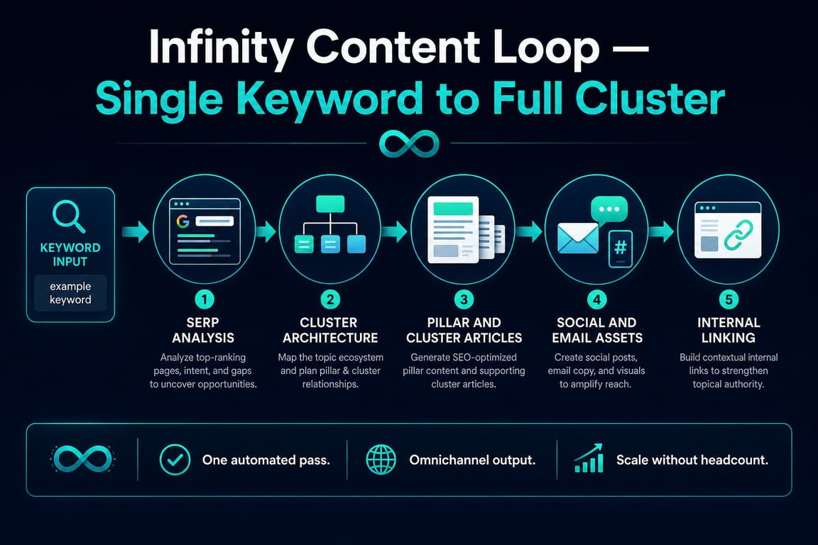 Infographic showing Infinity Content Loop production stages from single keyword input to full omnichannel content cluster output