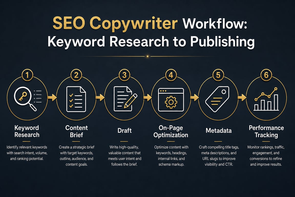 Infographic showing the six-stage SEO copywriter workflow from keyword research through post-publication performance tracking