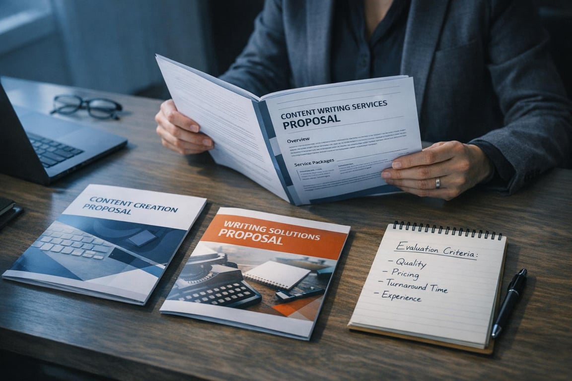 Person reviewing content writing service proposals on a desk with notebooks and a laptop nearby.