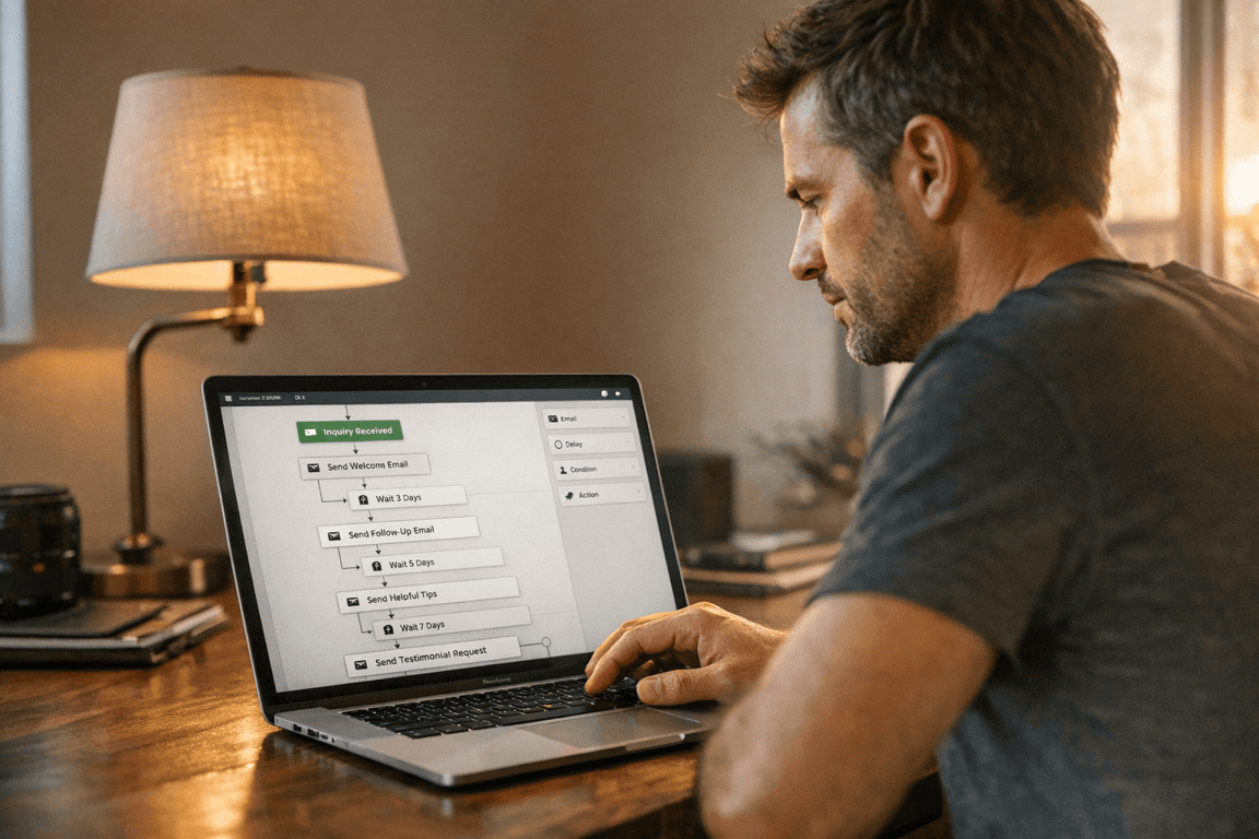 Man working on laptop with email automation workflow showing tasks and delays on the screen in a home office.