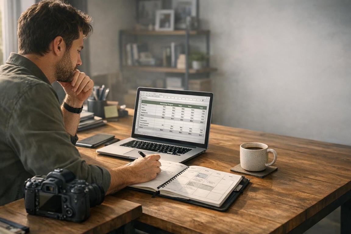 Man working on budget spreadsheet and notes at wooden desk with camera and coffee mug nearby.