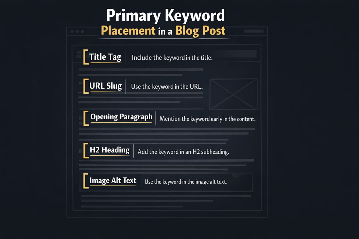 Primary keyword placement tips in a blog post: title tag, URL slug, opening paragraph, H2 heading, and image alt text.