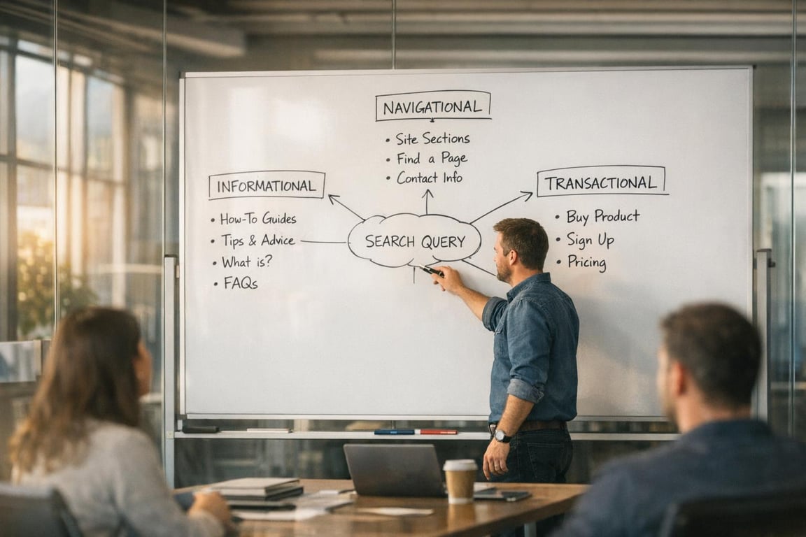 Man presenting search query types on whiteboard in office meeting with two colleagues listening.
