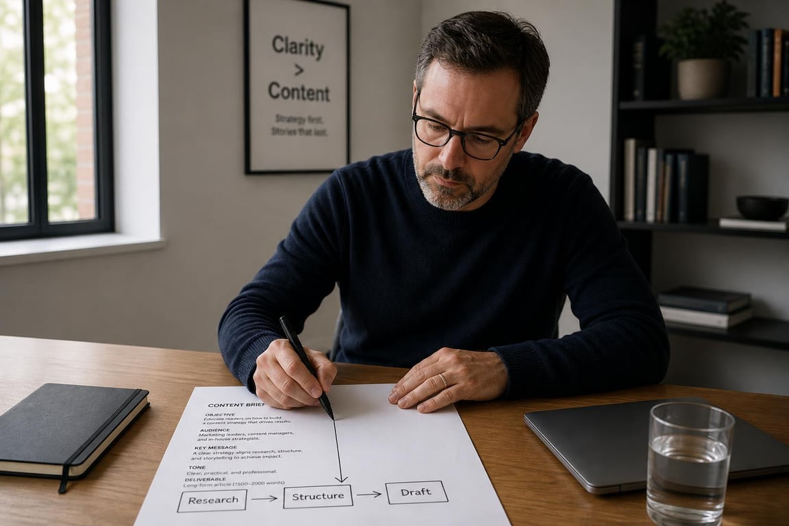 Content strategist drawing a three-step flow diagram connecting research, structure, and draft on a printed content brief