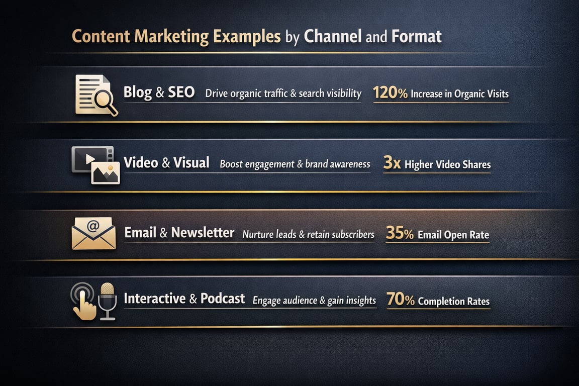 Content marketing examples by channel showing Blog SEO, Video Visual, Email Newsletter, and Interactive Podcast with performance metrics.