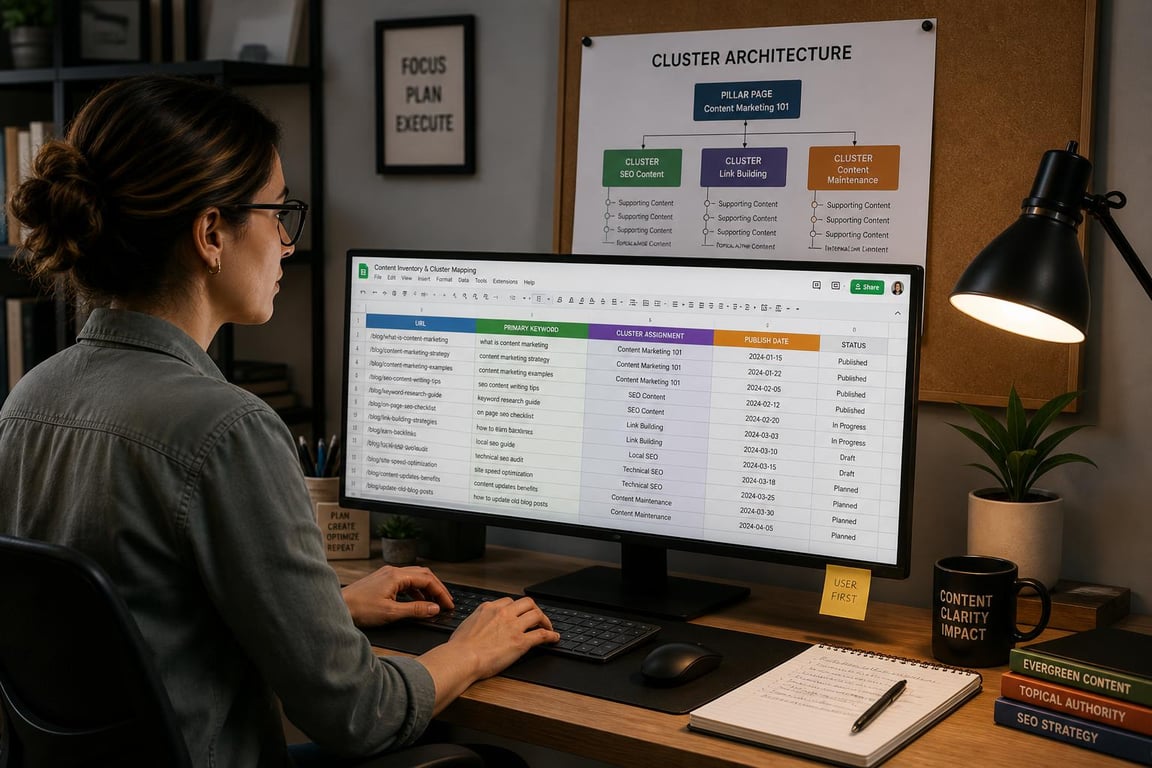 Content manager filling in an SEO content strategy template spreadsheet with cluster assignments, keywords, and publish dates