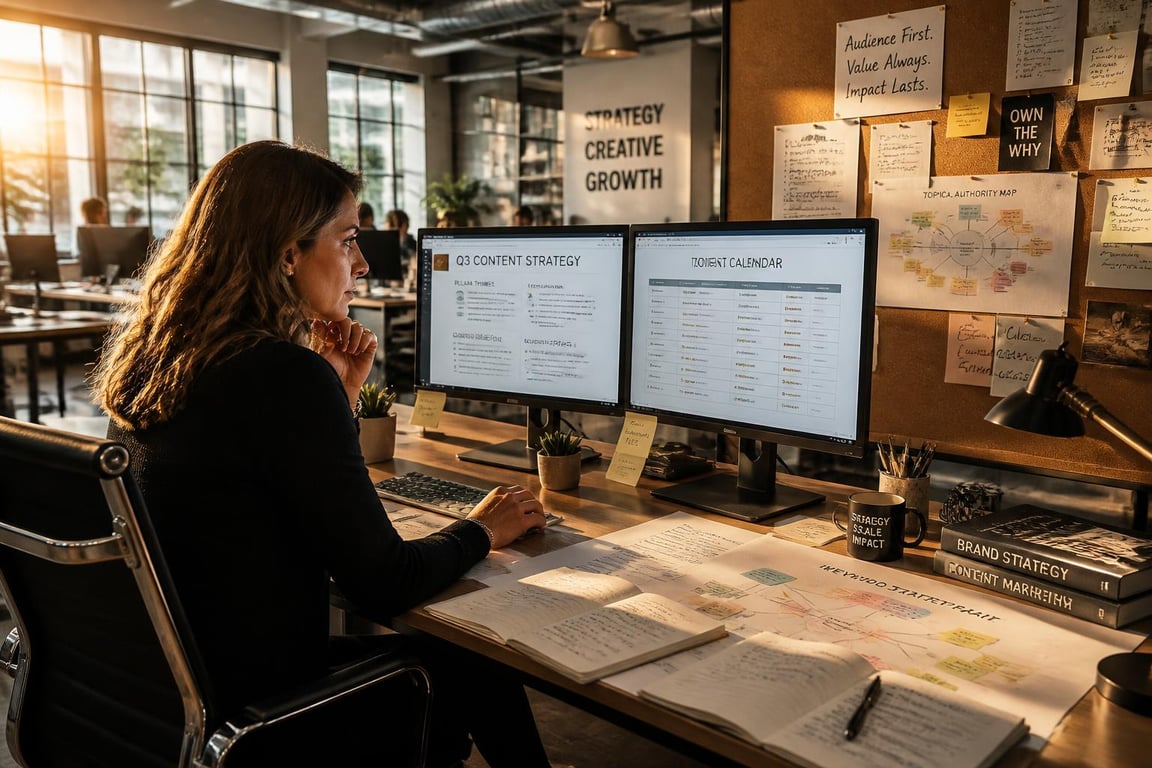 Marketing director reviewing a structured SEO content document across two monitors in a sunlit open-plan office