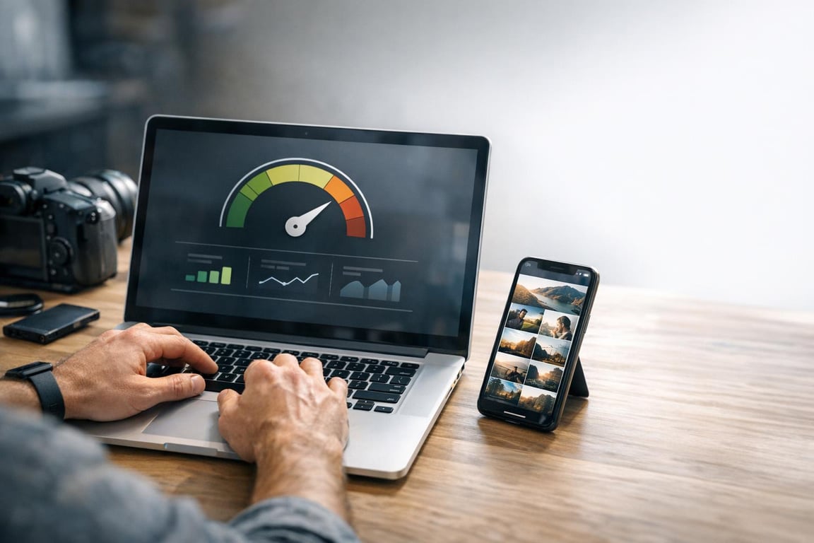 Person using laptop showing a performance dashboard with speedometer and graphs, next to smartphone displaying photo thumbnails.