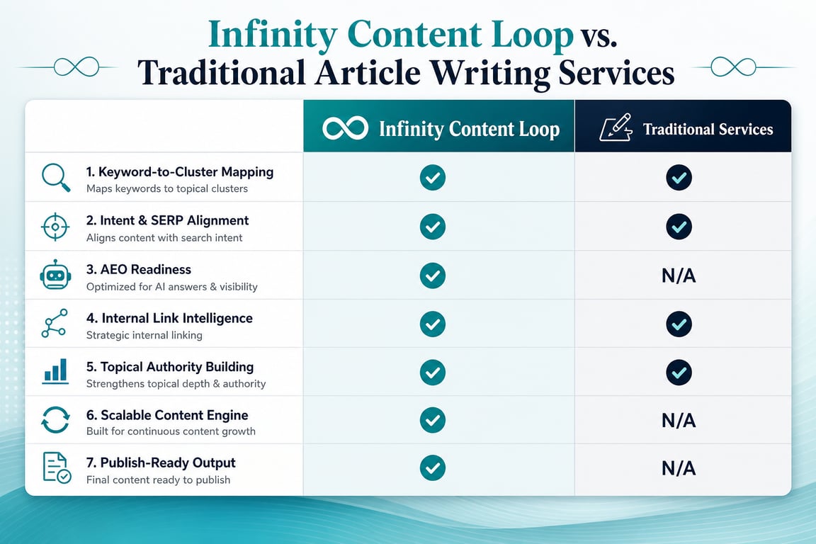 Infographic comparing Infinity Content Loop capabilities against traditional article writing services across seven SEO and production criteria