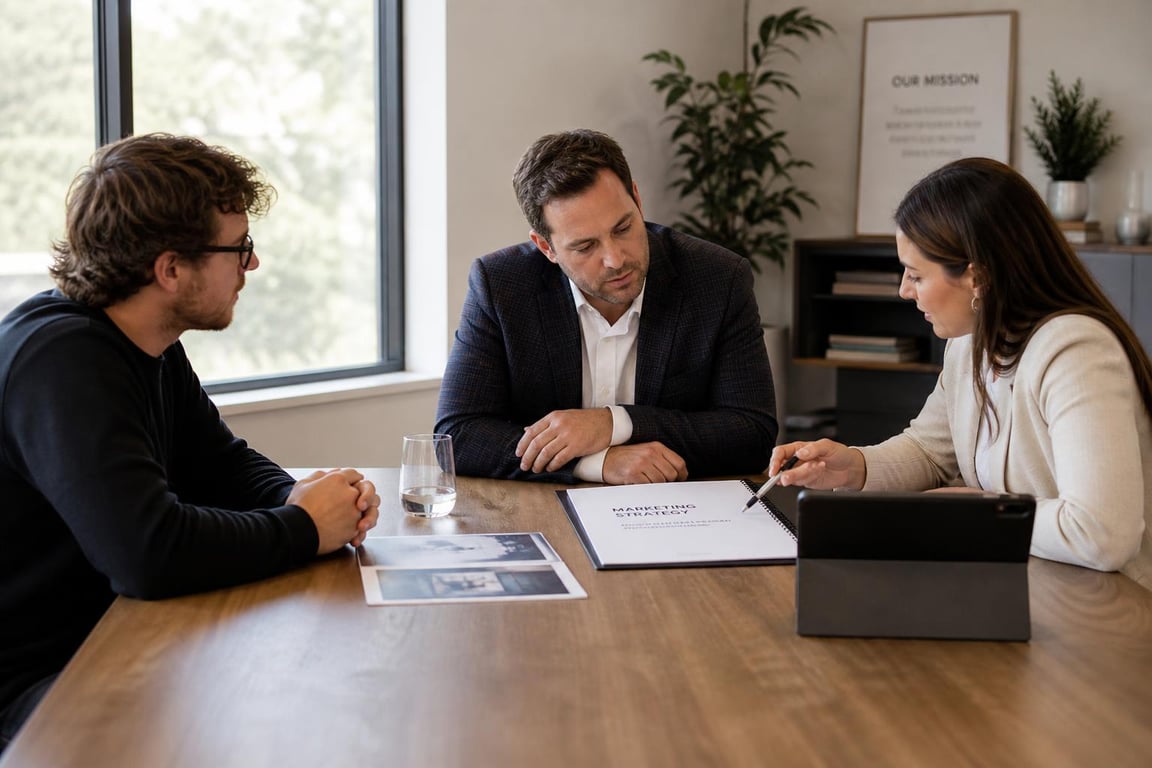 Business owner comparing freelance SEO content writer portfolio against agency strategy document at meeting table, provider model selection