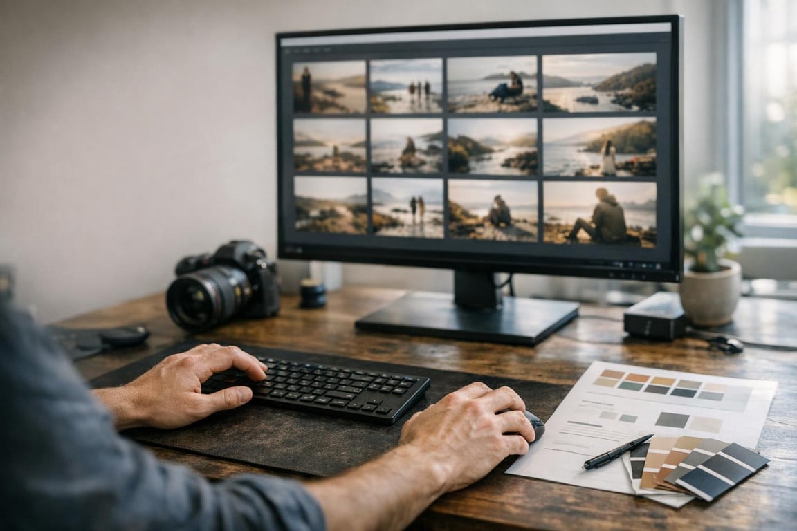 Person editing landscape photos on a desktop computer with camera and color swatches on a wooden desk.
