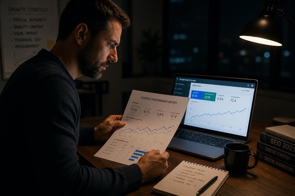 Business owner reviewing SEO content performance data late at night with Google Search Console showing an upward traffic trend