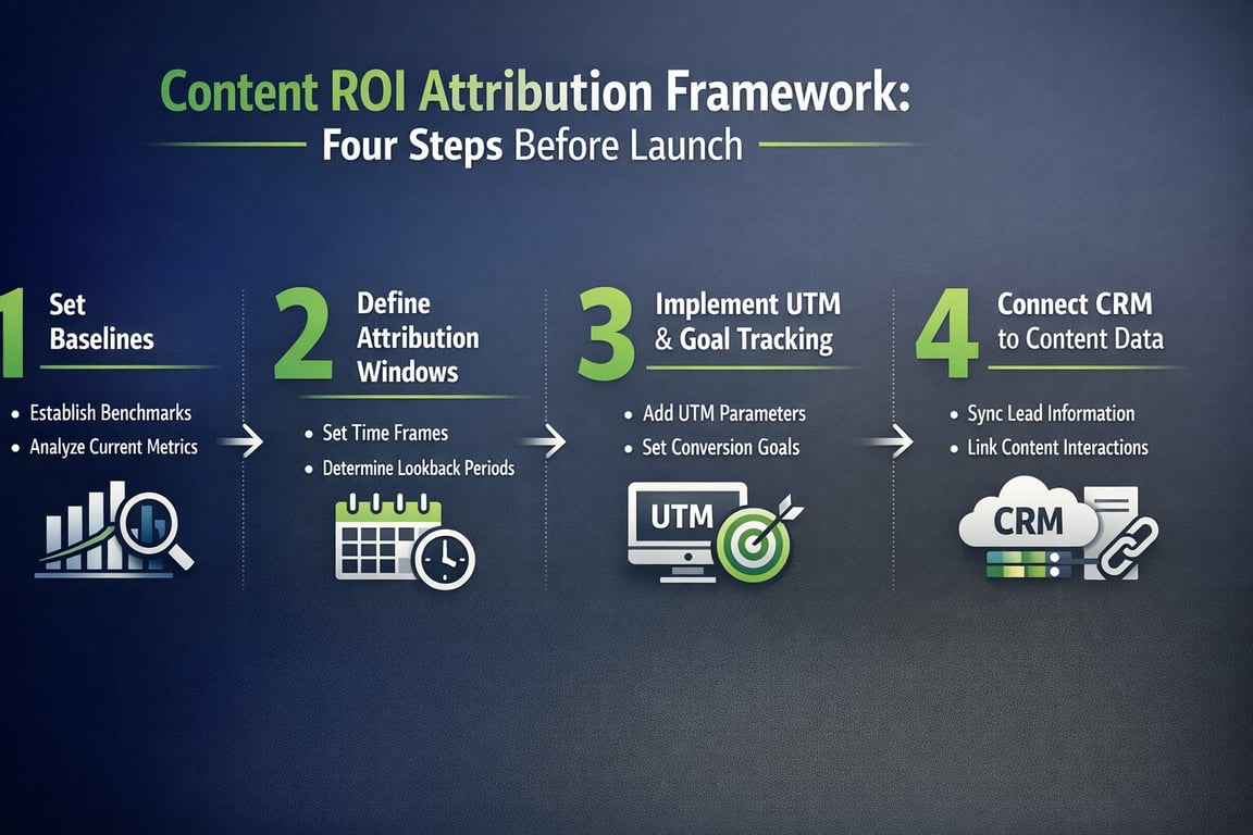 Content ROI Attribution Framework with four steps: set baselines, define attribution windows, implement UTM tracking, and connect CRM data.