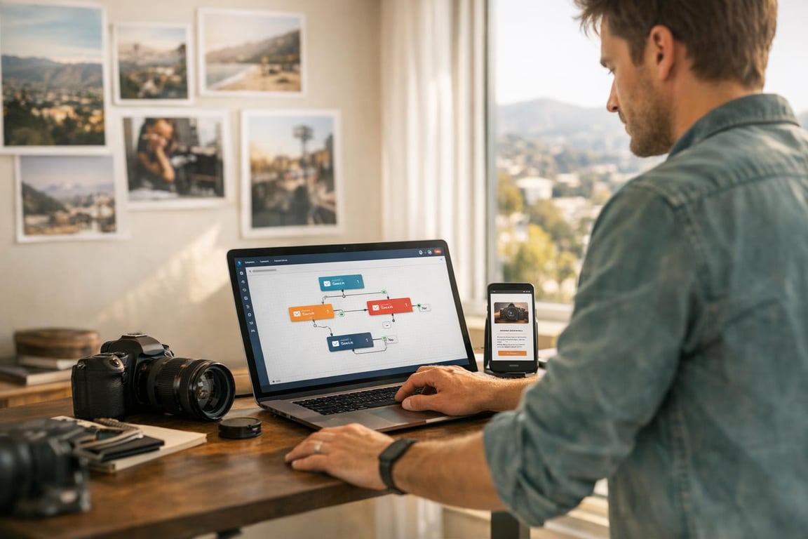 Man working on laptop with flowchart diagram, smartphone displaying camera info, and cameras on wooden desk near window.