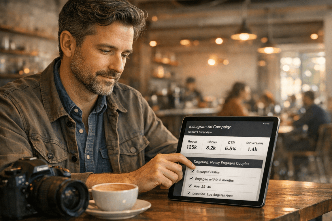Man in casual outfit pointing at Instagram ad campaign results on tablet in a cozy café setting with camera and coffee cup nearby.