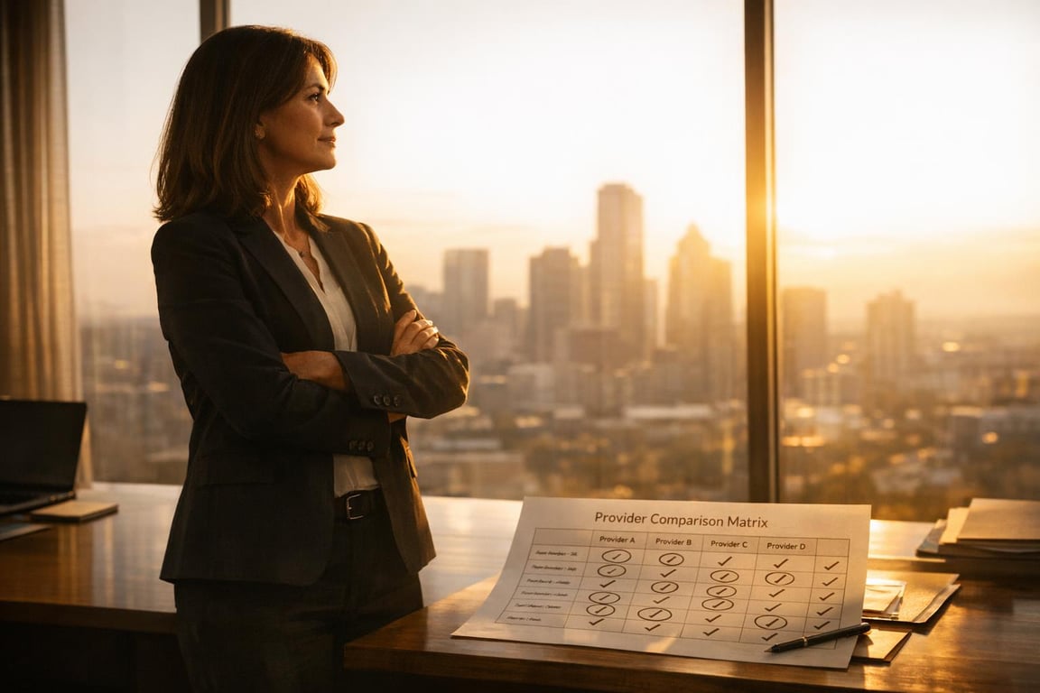 Businesswoman in suit standing by window with city skyline at sunset, examining provider comparison matrix on desk.