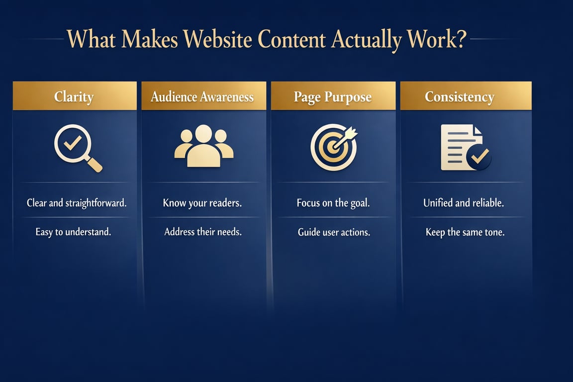 Key elements that make website content work: clarity, audience awareness, page purpose, and consistency with icons.