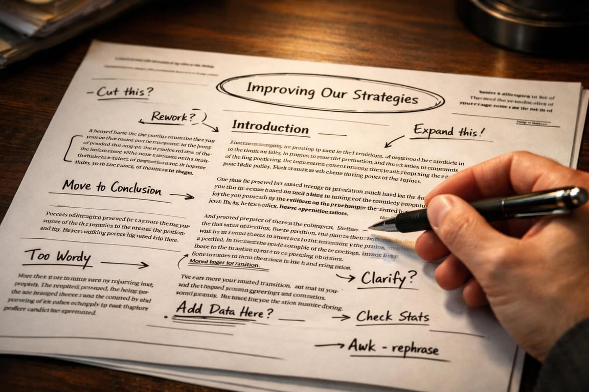 Hand editing a printed document titled 