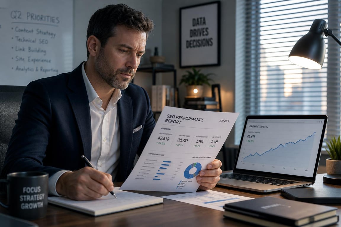 Marketing director reviewing a printed monthly SEO performance report beside a laptop showing a rising organic traffic chart in an office