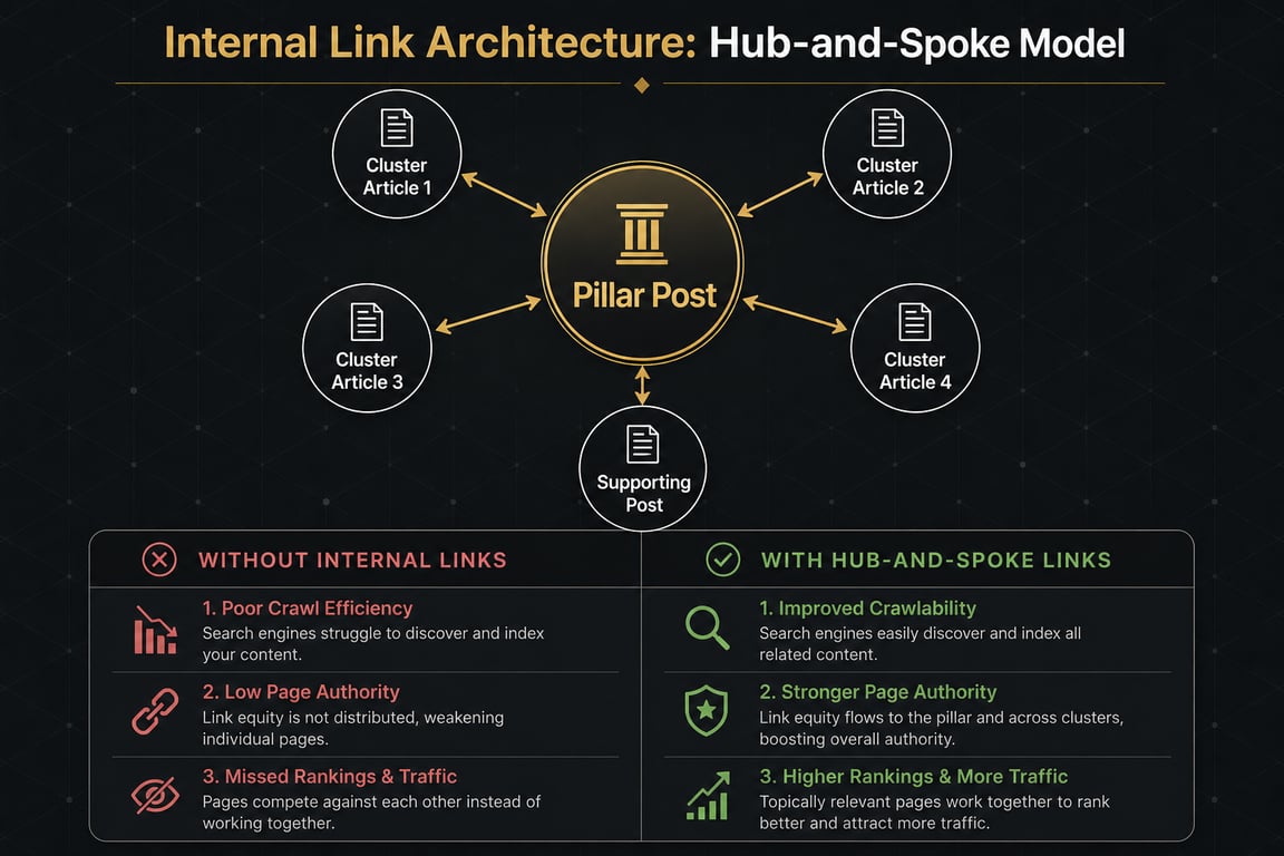 Infographic: Internal link hub spoke diagram, how to write seo friendly blog post