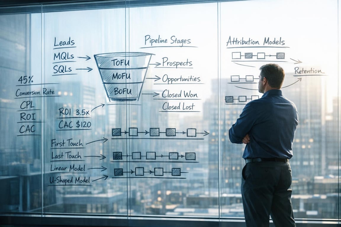 Businessman analyzing marketing funnel stages and attribution models on a glass wall in an office with city view background.