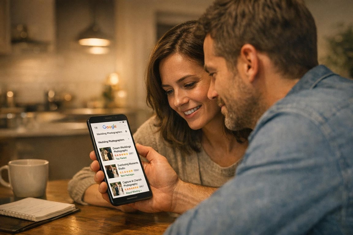 Couple researching wedding photographers on a smartphone, sitting together at a cozy kitchen table.