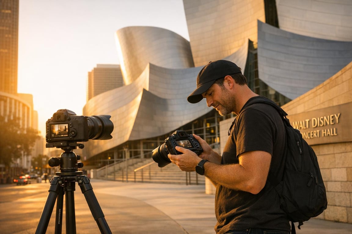 Photographer adjusting camera settings on tripod outside Walt Disney Concert Hall during golden hour in Los Angeles.