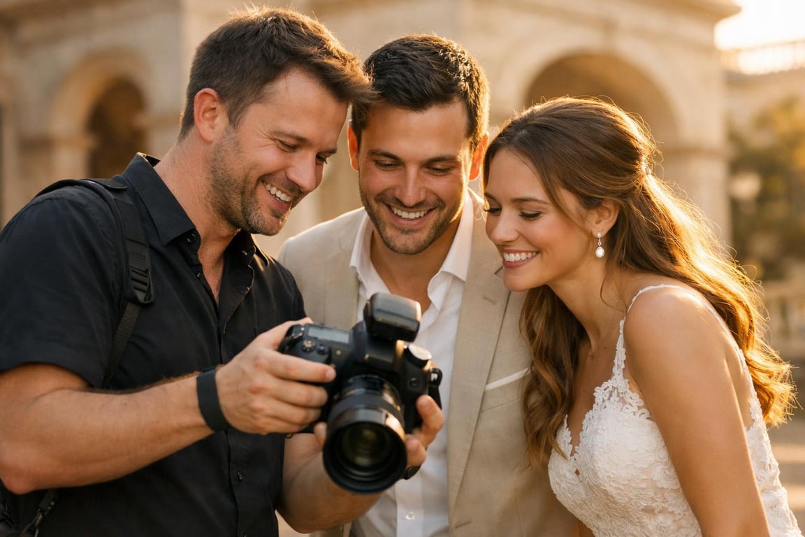 Photographer showing wedding photos to smiling bride and groom outdoors with historic building in background.