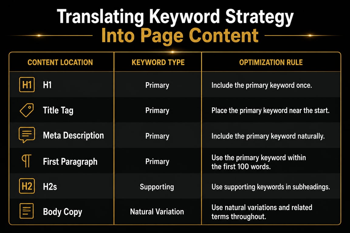 Infographic showing keyword placement rules by content location from H1 through body copy with optimization instructions per row