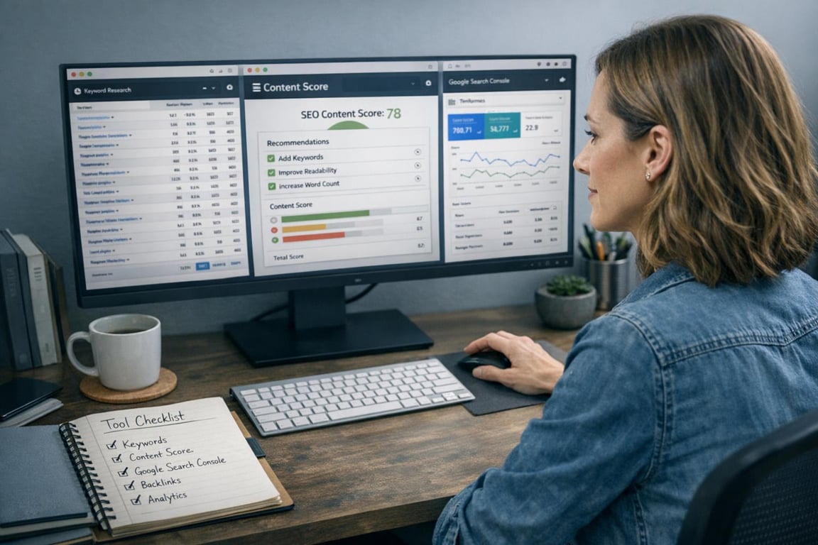 Woman analyzing SEO content score, keyword research, and <a href=