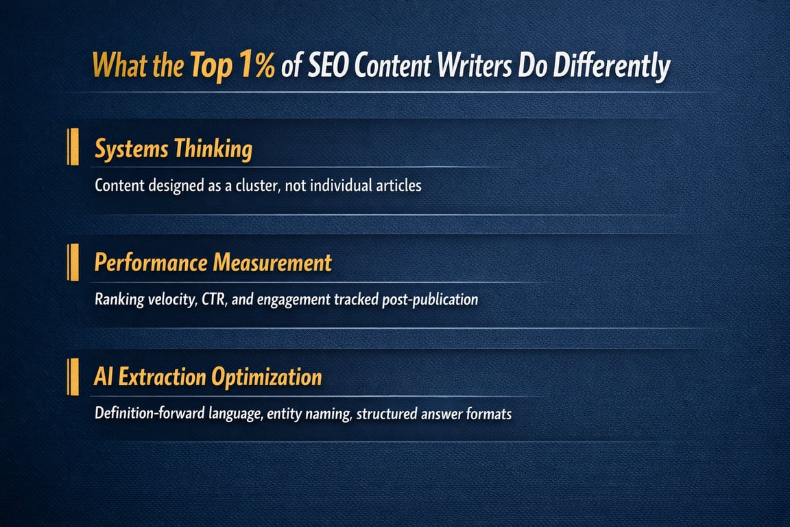 Key strategies top 1% SEO content writers use: systems thinking, performance measurement, and AI extraction optimization techniques.