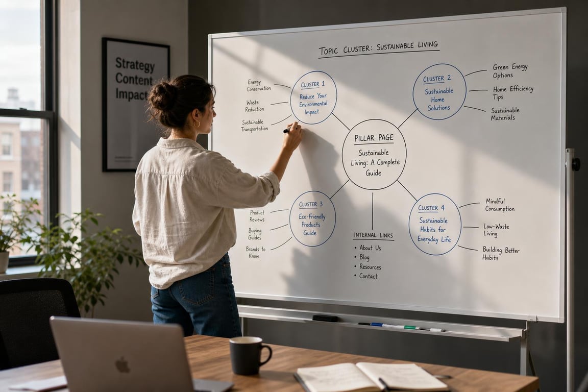 Woman writing a sustainable living topic cluster diagram on a whiteboard in a modern office setting.