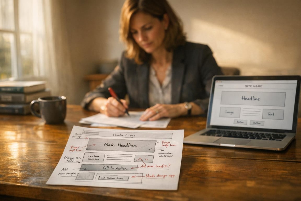 Woman working on website layout plan with handwritten notes and laptop wireframe on wooden desk.
