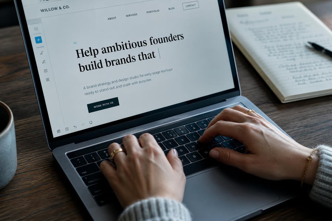 Woman typing laptop homepage headline — website for copywriters