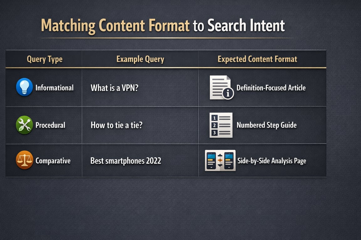 Table showing matching content format to search intent with examples for informational, procedural, and comparative queries.