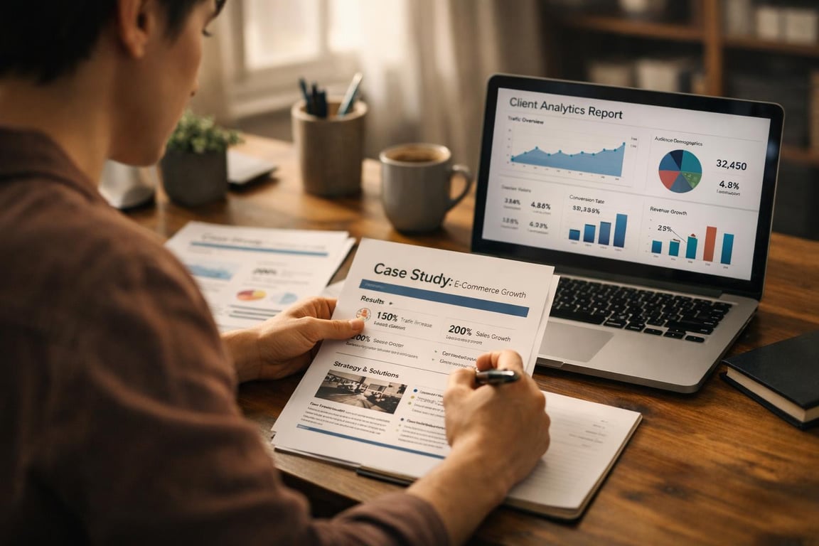 Person analyzing e-commerce growth case study and client analytics report with graphs and charts on a laptop screen.