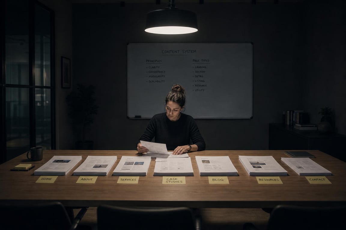 Content strategist organizing printed SEO template documents into page-type stacks in a quiet conference room