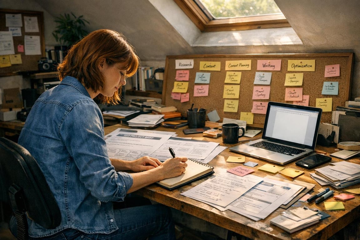 Woman in denim shirt writing notes at a cluttered desk with project papers, laptop, and colorful sticky notes on corkboard.