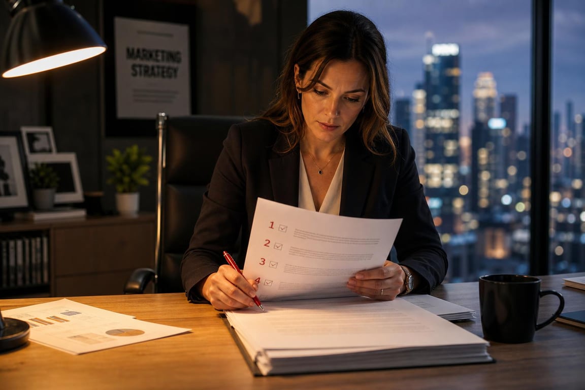 Marketing director reviewing a printed SEO copywriting checklist before publishing a page