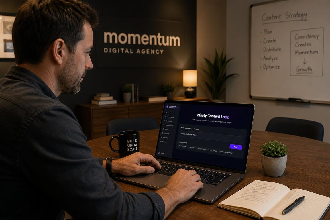 Business owner entering a keyword into the Infinity Content Loop automated content system on a laptop at a small conference table