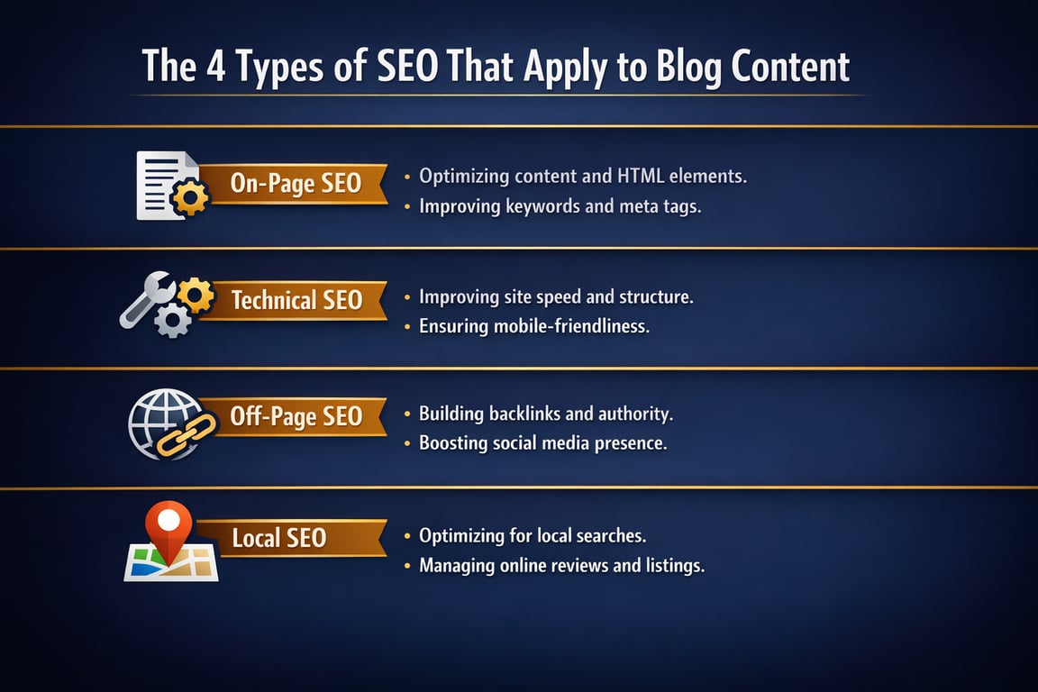 The 4 types of SEO for blog content: On-page, Technical, Off-page, and Local SEO with key optimization strategies.