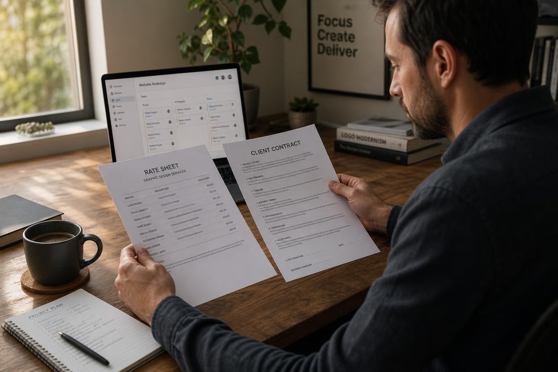 Freelance SEO copywriter reviewing a rate sheet and client contract at a home office desk in warm morning light