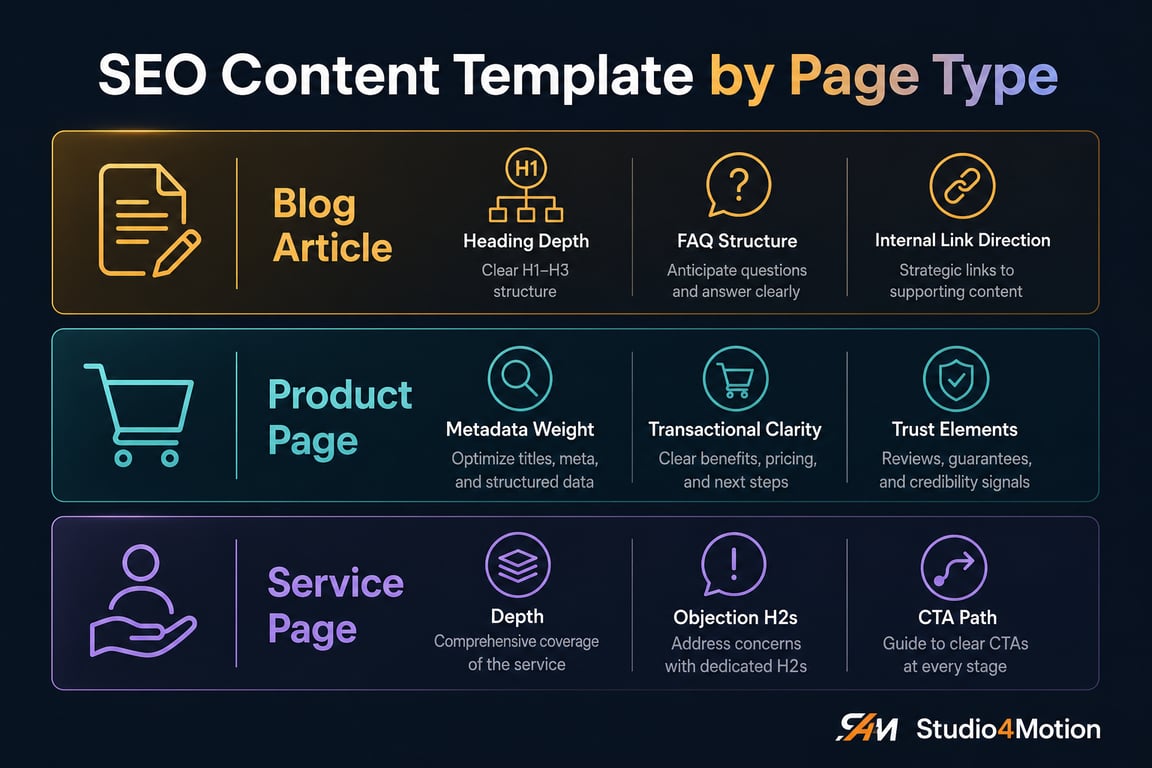 Infographic: SEO content template priorities by page type for blog articles, product pages and service pages